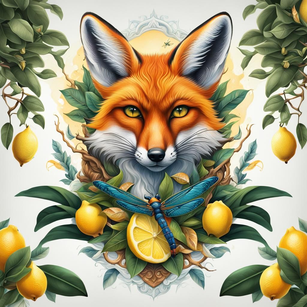 Fox Tattoo with Lemon Tree and Dragonfly in Matte Style