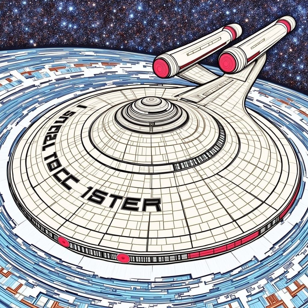 Shading, crosshatching, colored lines, line art. The USS Ent...