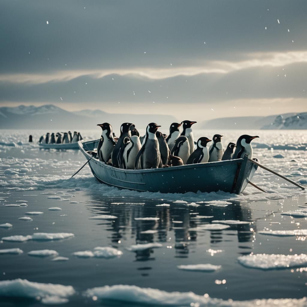 Happy Penguins Sail Ice Boat: Cinematic Film Still