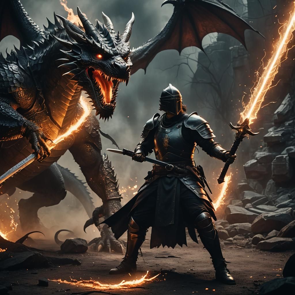 Dark Knight Battles Fiery Dragon in Cinematic Style