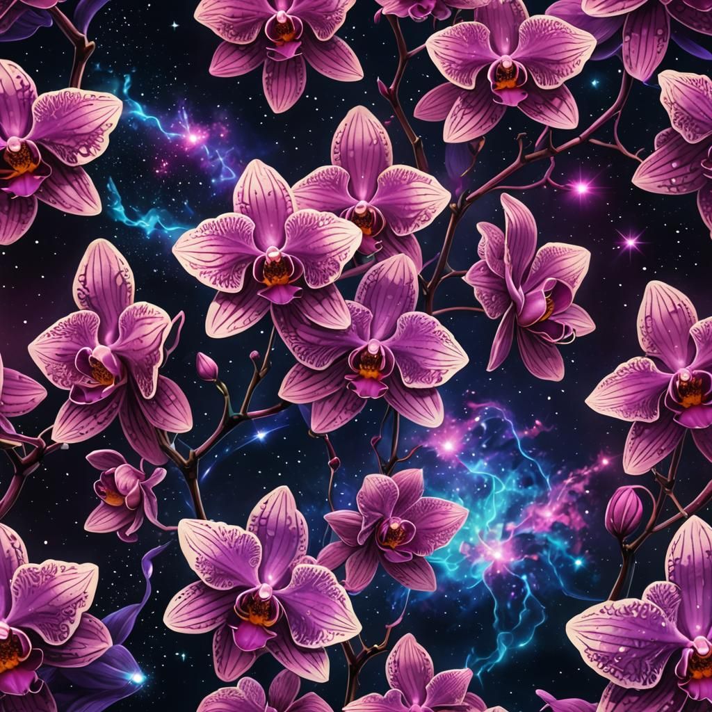 Orchid Blooming from Swirling Nebulae: Synthwave Art