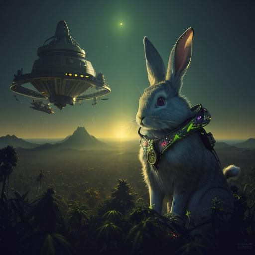 Rabbit Smoking with UFOs: Hyperrealistic 3D Art