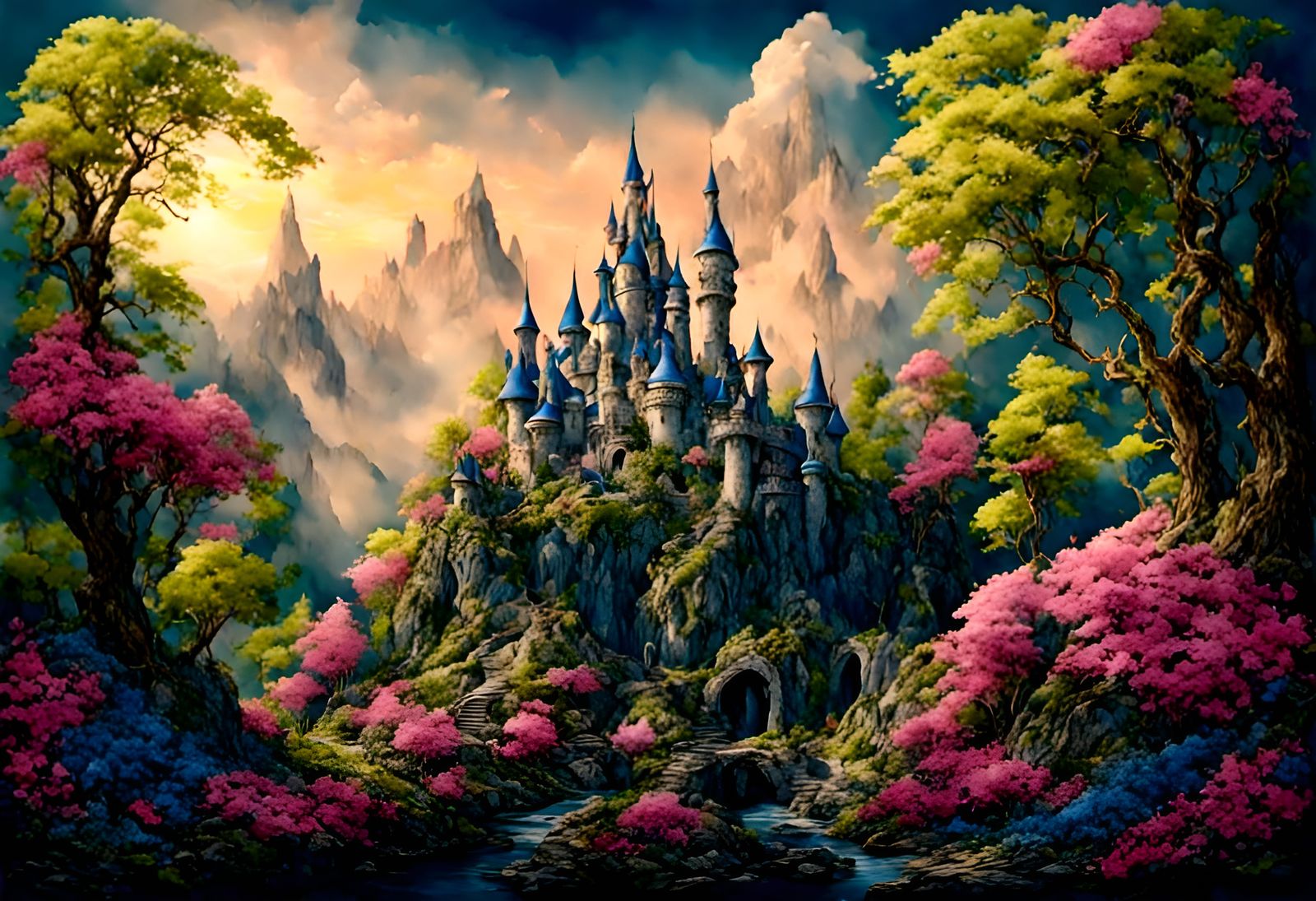 <lora:Pink Snow Catchall:1.0> <lora:Pink Snow WaterCol 1:1.0> Cobalt blue sky, Intricate fantasy castle, fantasy landsc...