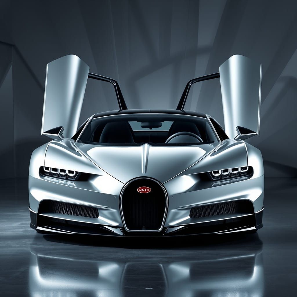 Sleek Futuristic Bugatti Tourbillon in Liquid Metal Silver-G...