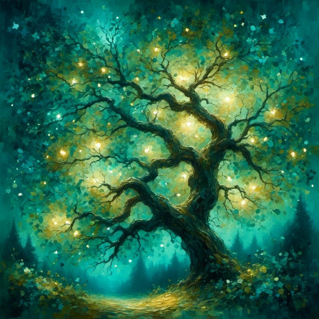 Tree and Stars in Night Sky Oil Painting