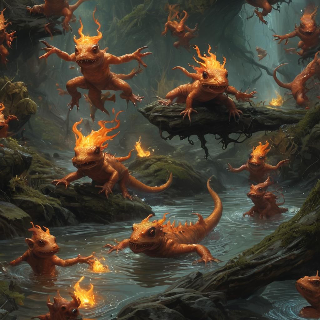 Elemental Sprites Ride Salamanders: Dark Fantasy Art