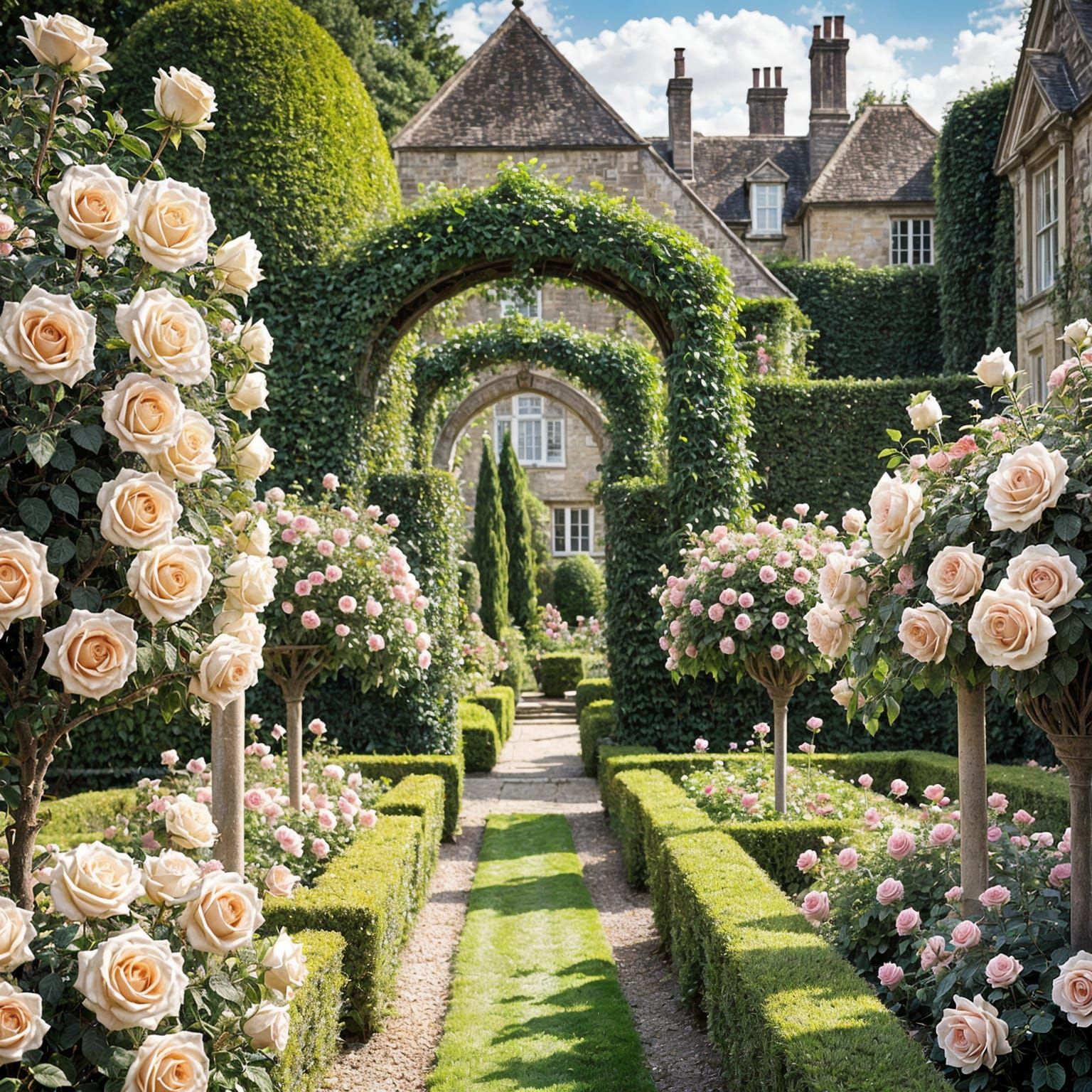 Pastel Roses in an English Manor Garden