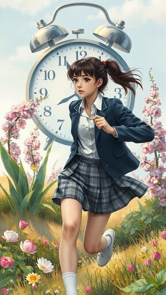 Girl Running in Watercolor Dreamscape, Gouache Style