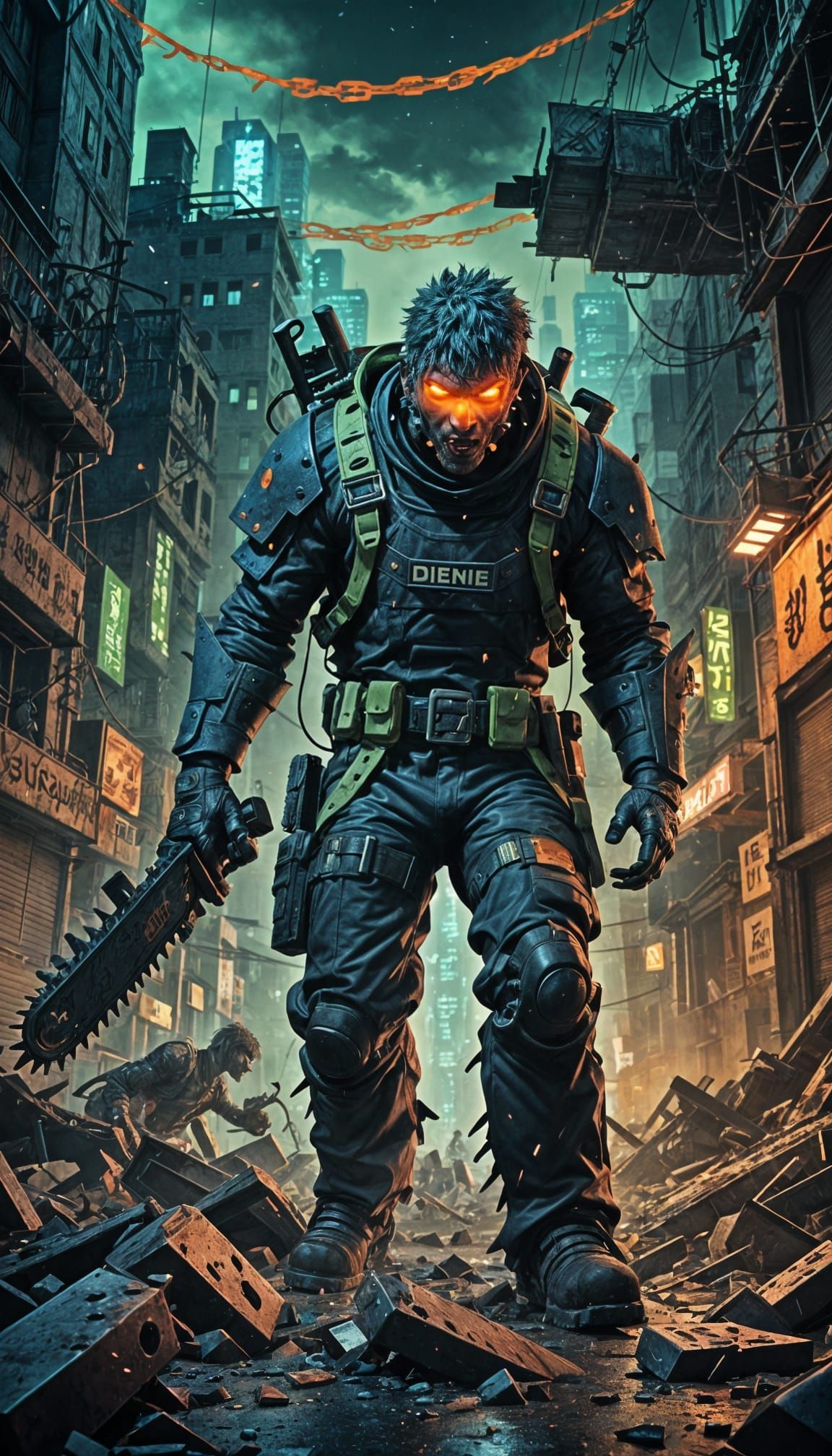 Cyberpunk Chainsaw Man Fights Fiend in Desolate Metropolis