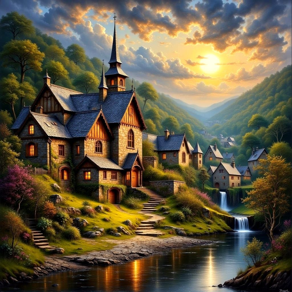 Whimsical Welsh Village at Dusk in Soft, Dreamy Landscape