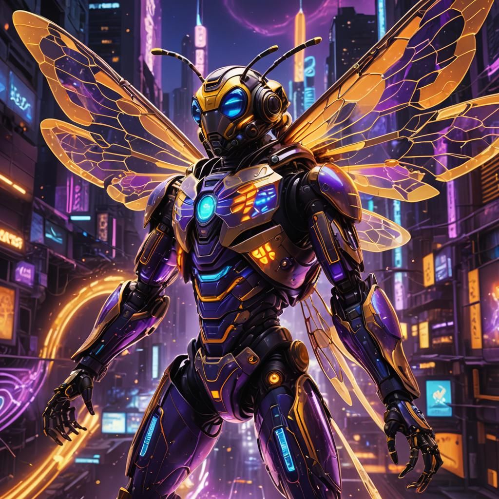 Techno Bee with Glowing Circuits in Neon Cityscape