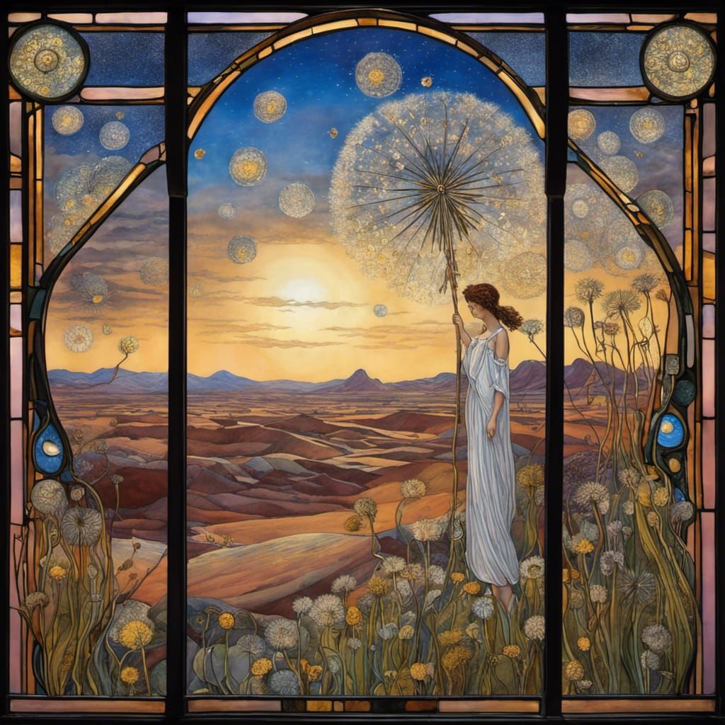 Dandelion Seeds Over Desert Oasis in Art Nouveau