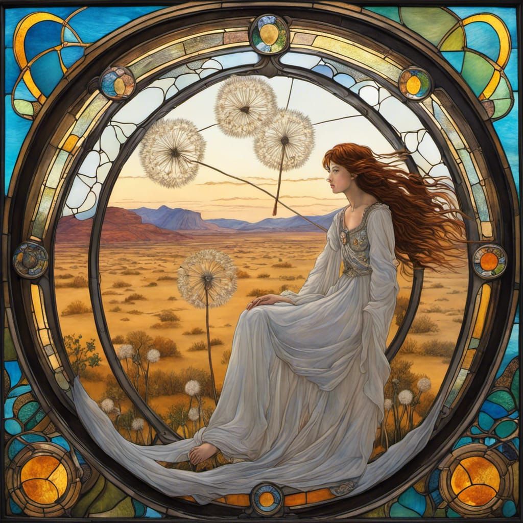 Dandelion Seeds Over Desert Oasis in Art Nouveau Style