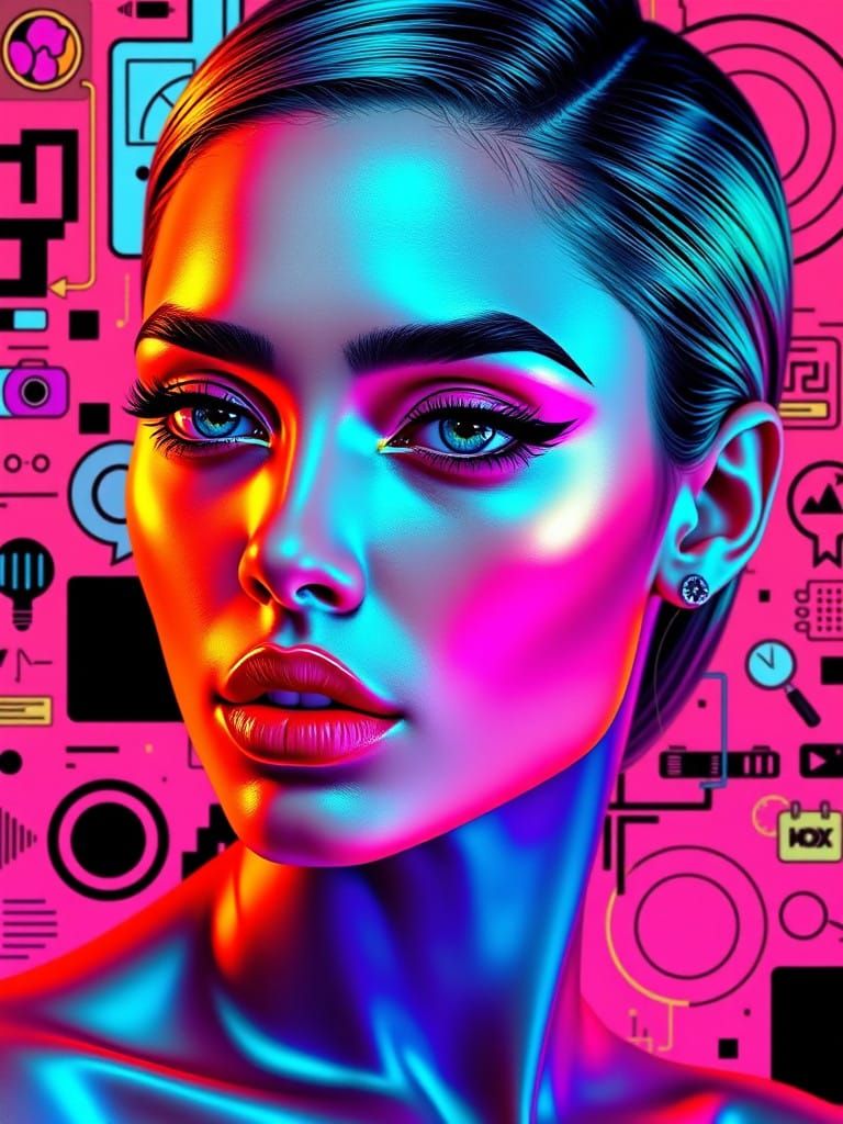 Neon Pop Art Portrait with Glowing Skin and Iridescent Gradi...