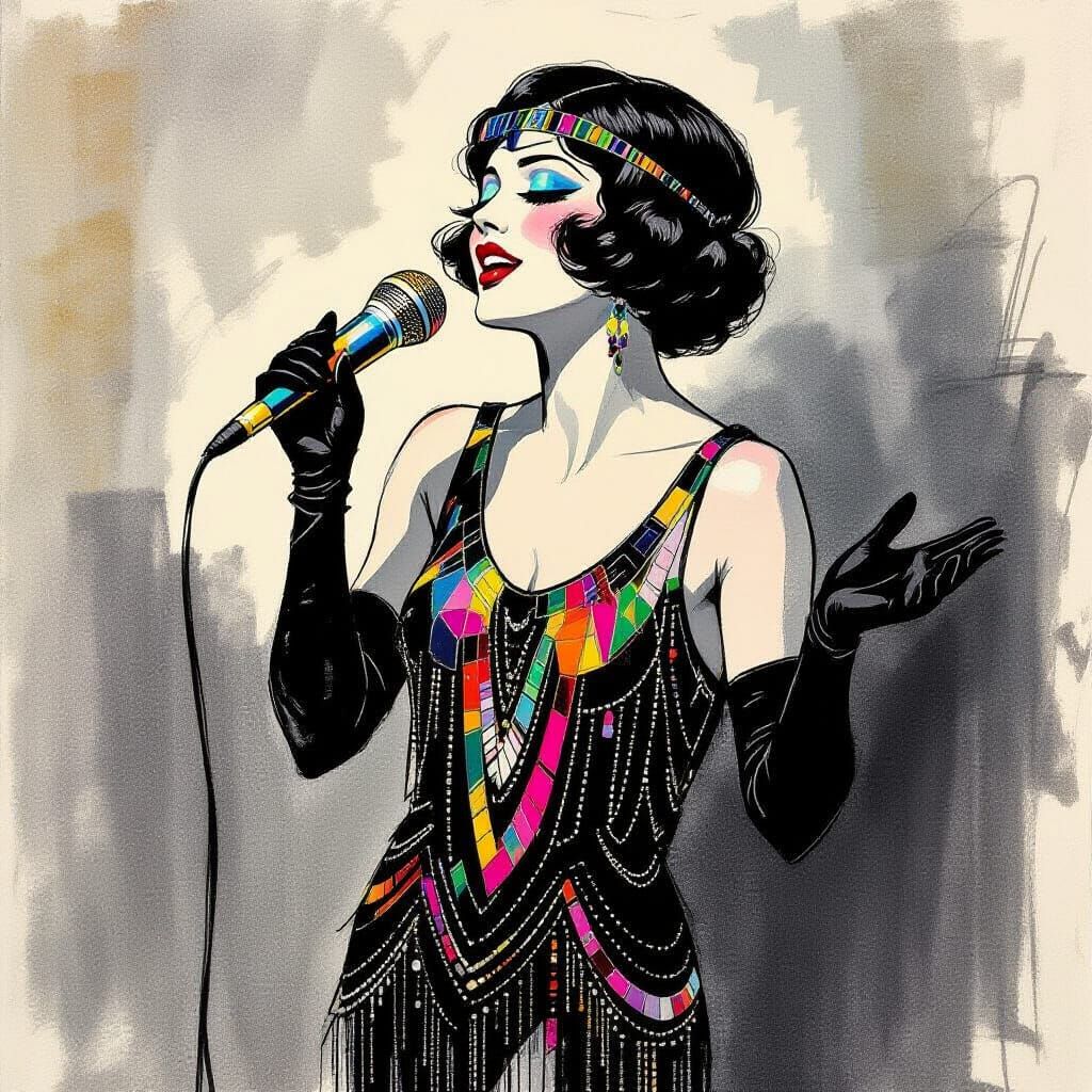 Passionate Jazz Singer in 1920s Style, Monochromatic