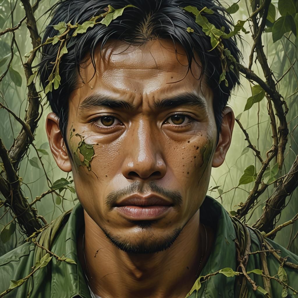 Eerie Portrait: Filipino Man Covered in Vines