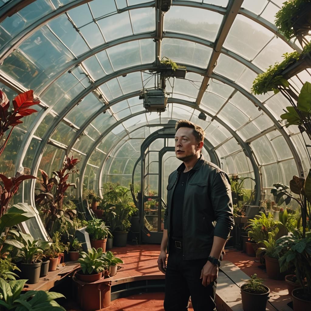 Elon Musk Contemplates Mars in Futuristic Biodome