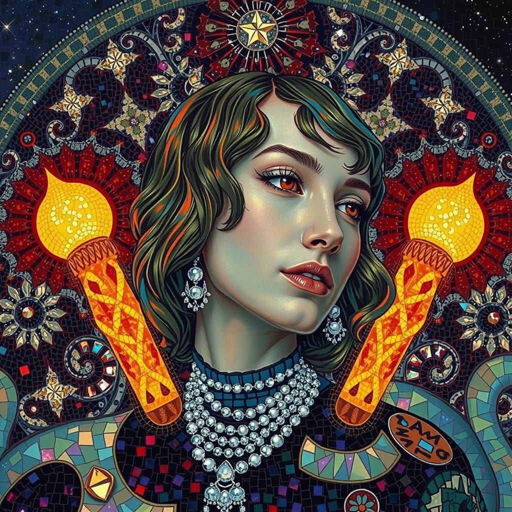 Iridescent Mosaic Woman in Starry Night Sky