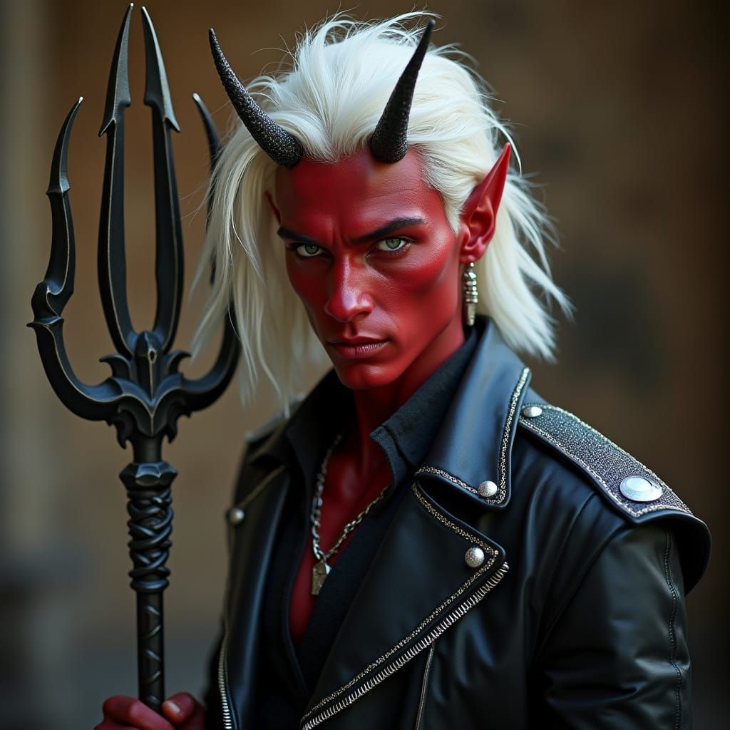 Demonic Figure in Black Leather, Holding Ornate Trident