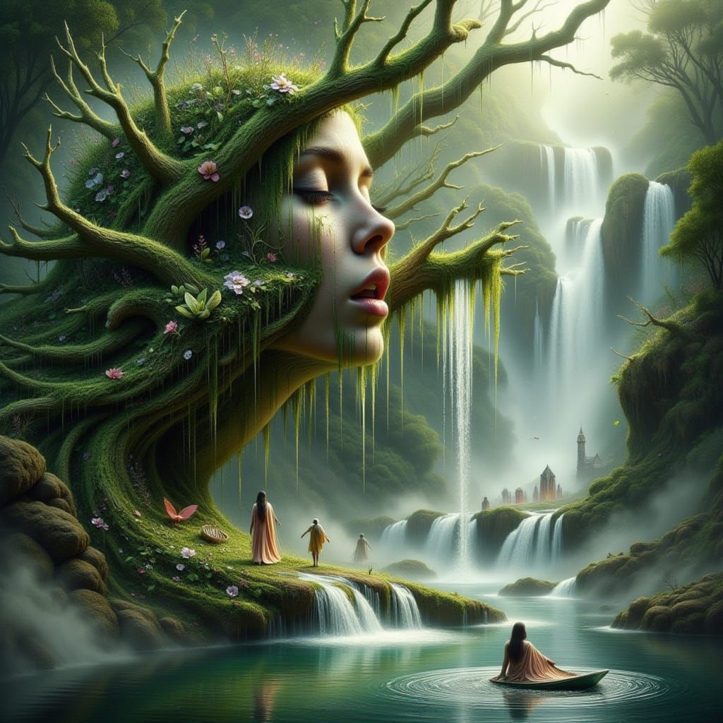 Moss-Haired Woman Weeping a Waterfall, Whimsical Style