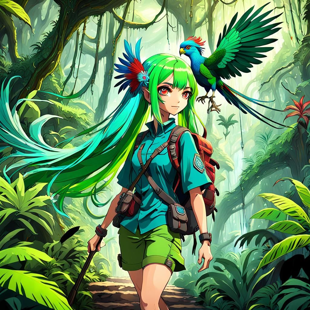Anime Girl Hiking with Quetzal in Rainforest