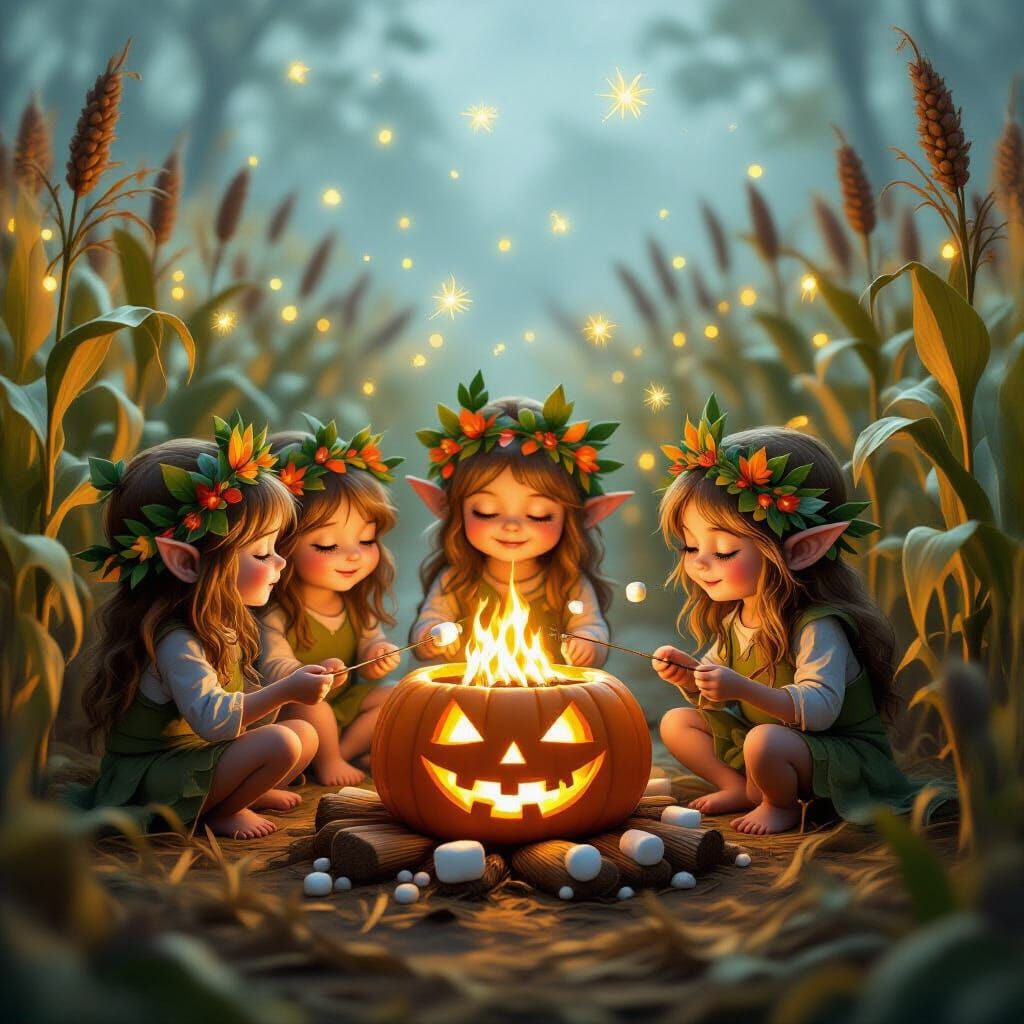 Forest Spirits Roast Marshmallows by Pumpkin Bonfire