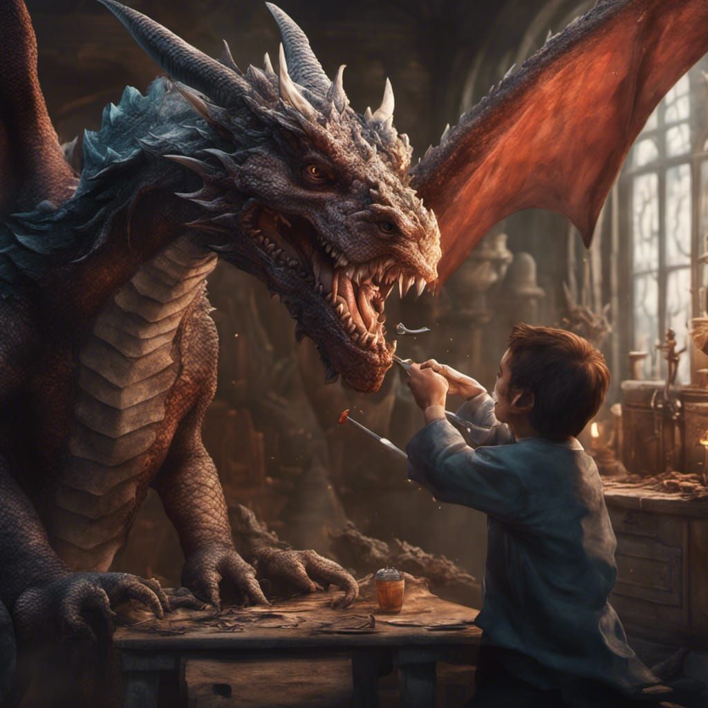 Dentist Helps Dragon with Toothache: Fantasy Art