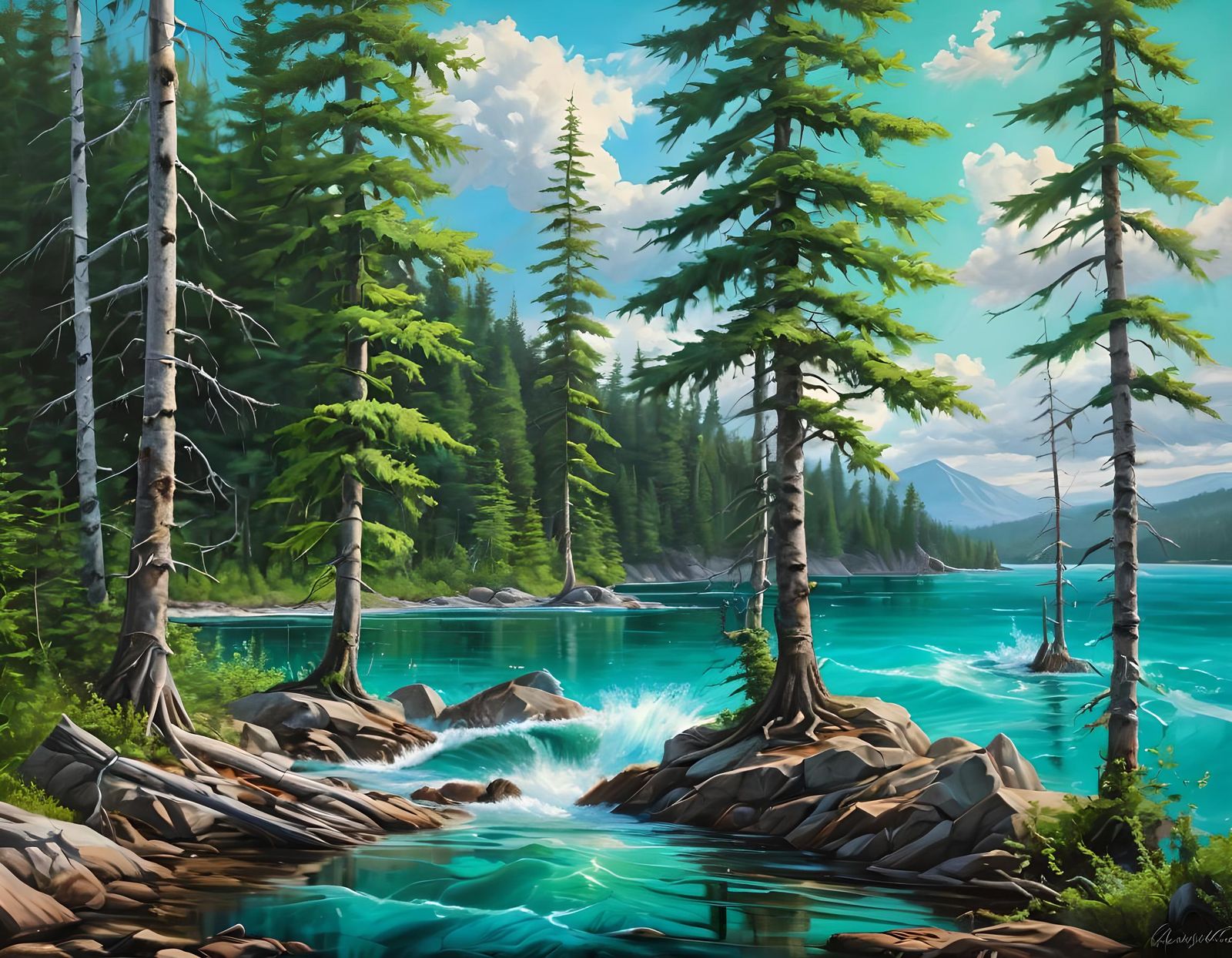 Eastern Canada Lake Landscape in Oil Painting Style