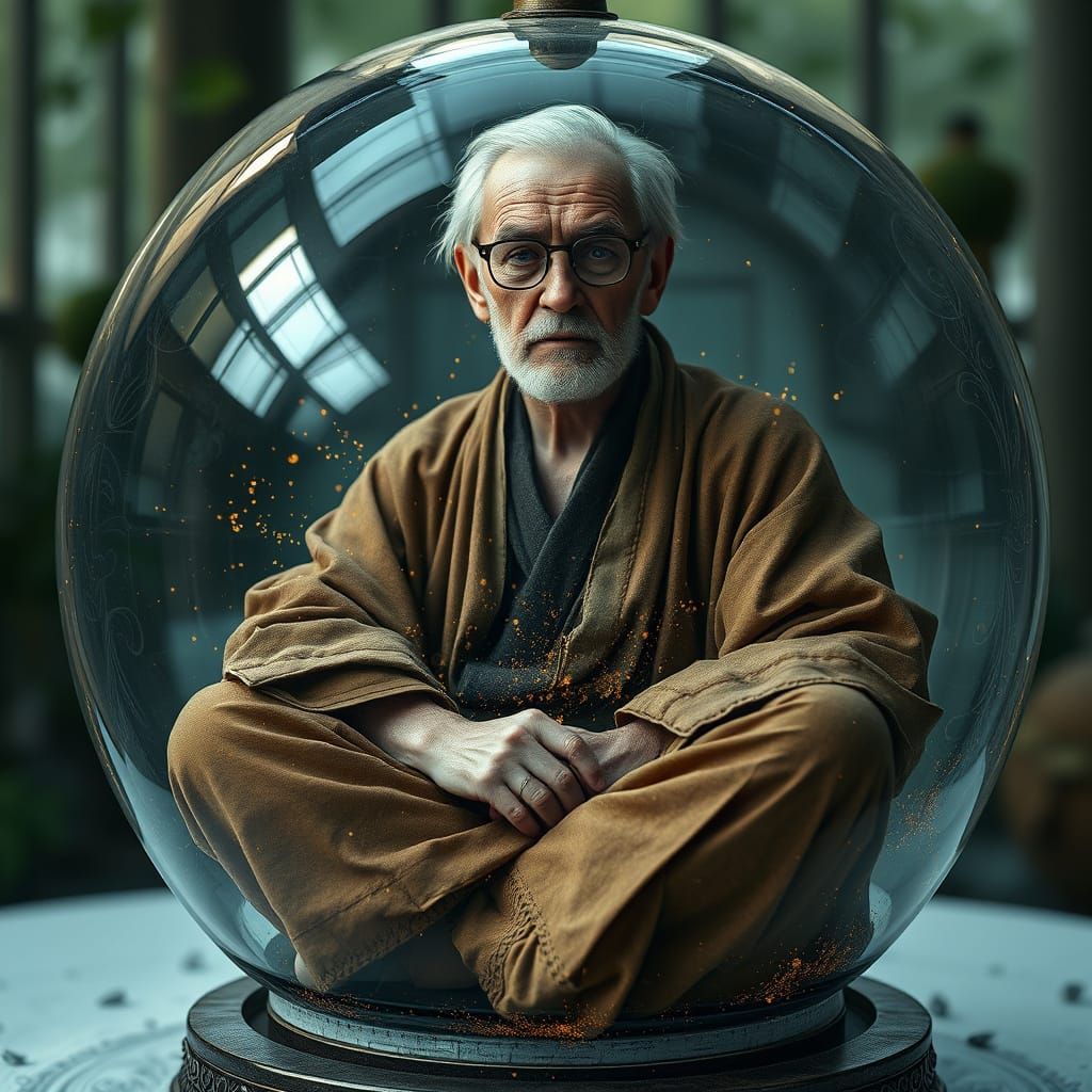 Surreal Glass Globe with Melancholic Figure in Victorian-Sty...