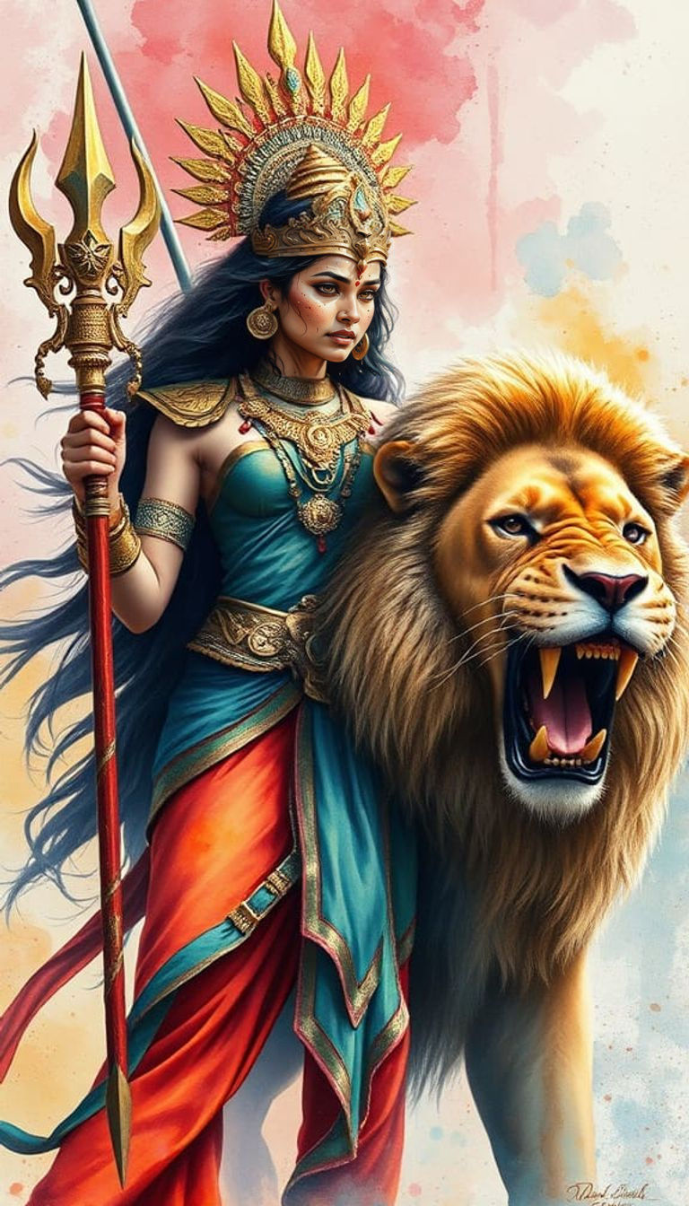 Majestic queen with trishul and lion's roar