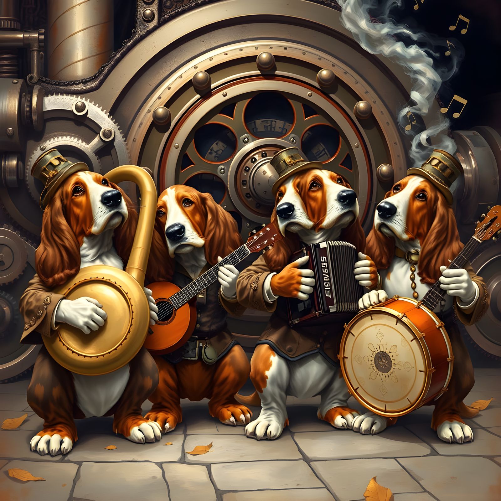 Basset Hound Band Plays Music in Steampunk Style