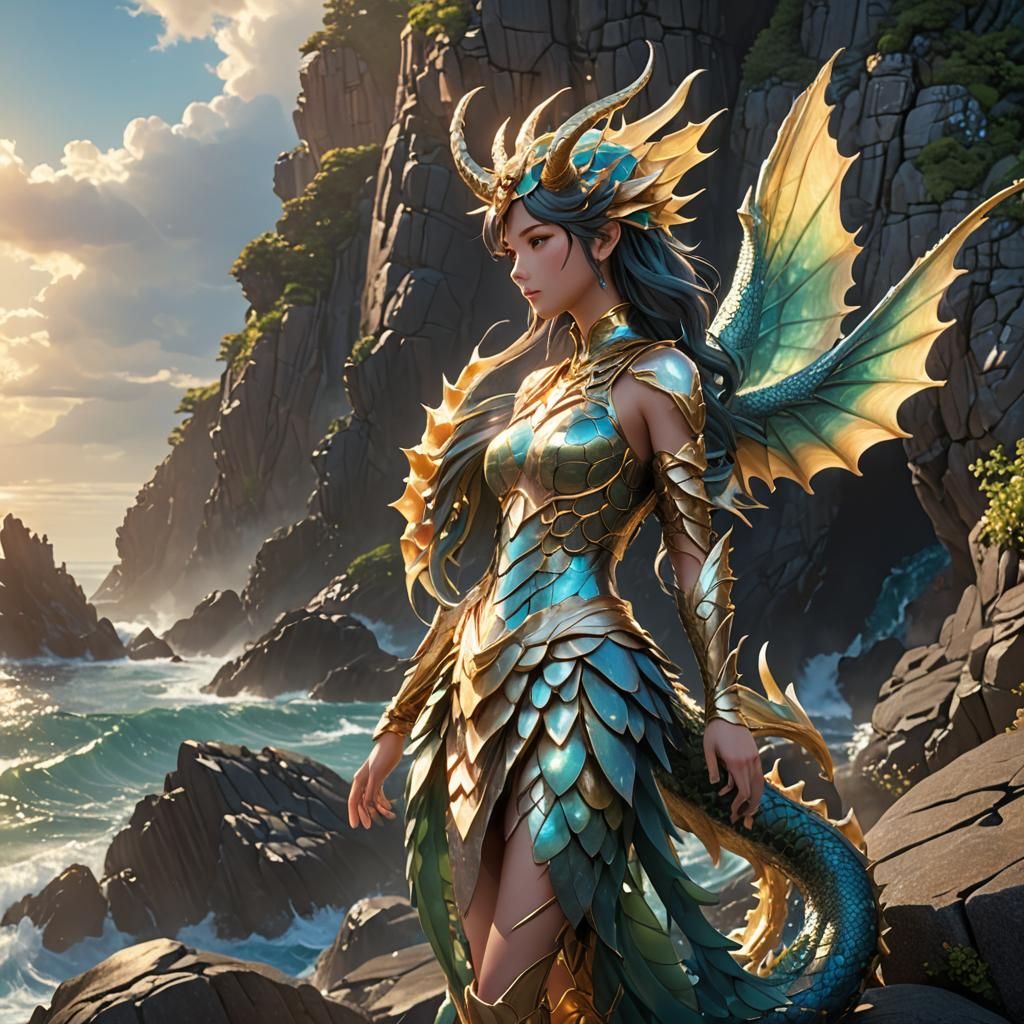 Anime Girl with Dragon Features on Ocean Cliff