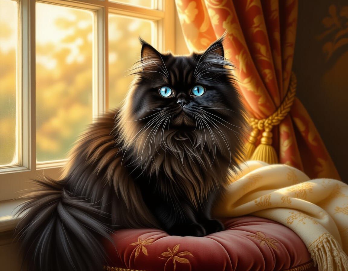 Black Persian Cat in Window, Hyperrealistic Portrait