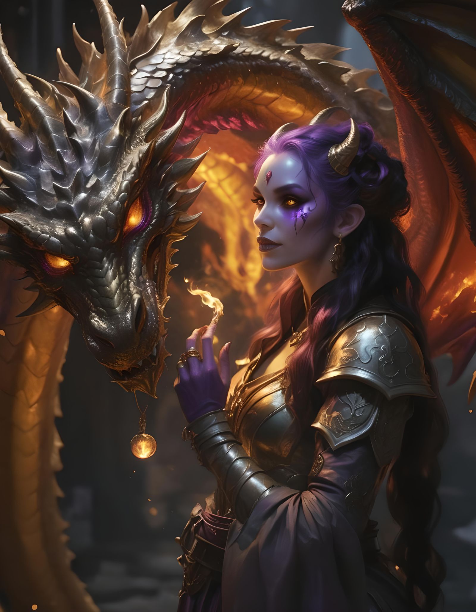 Tiefling Bard Flirts with Chrome Gold Dragon