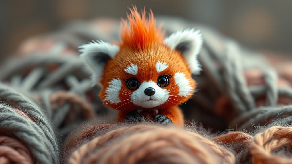 Chibi Red Panda with Sparkling Eyes and Vibrant Feathers