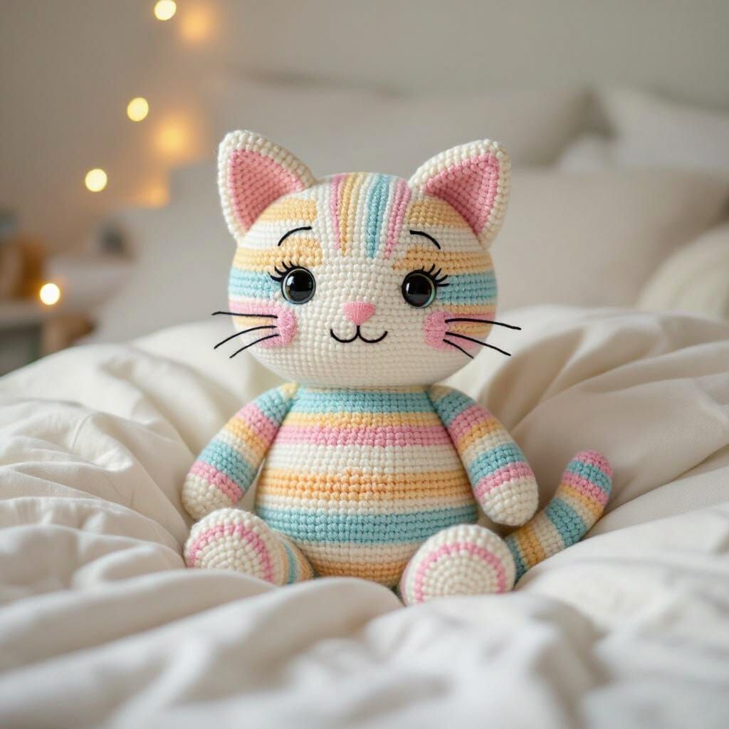 Pastel Yarn Cat on Plush Bed in Whimsical Style