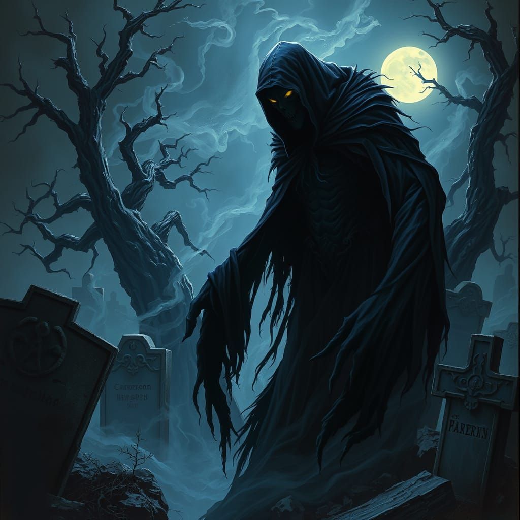 Ethereal Spectral Figure Emerges in Dark Fantasy Graveyard