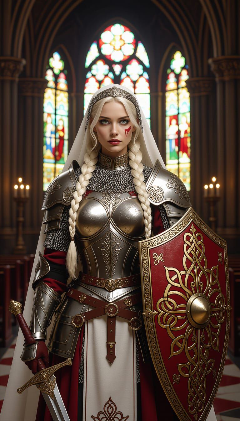 Paladin in Gothic Cathedral as Vintage Film