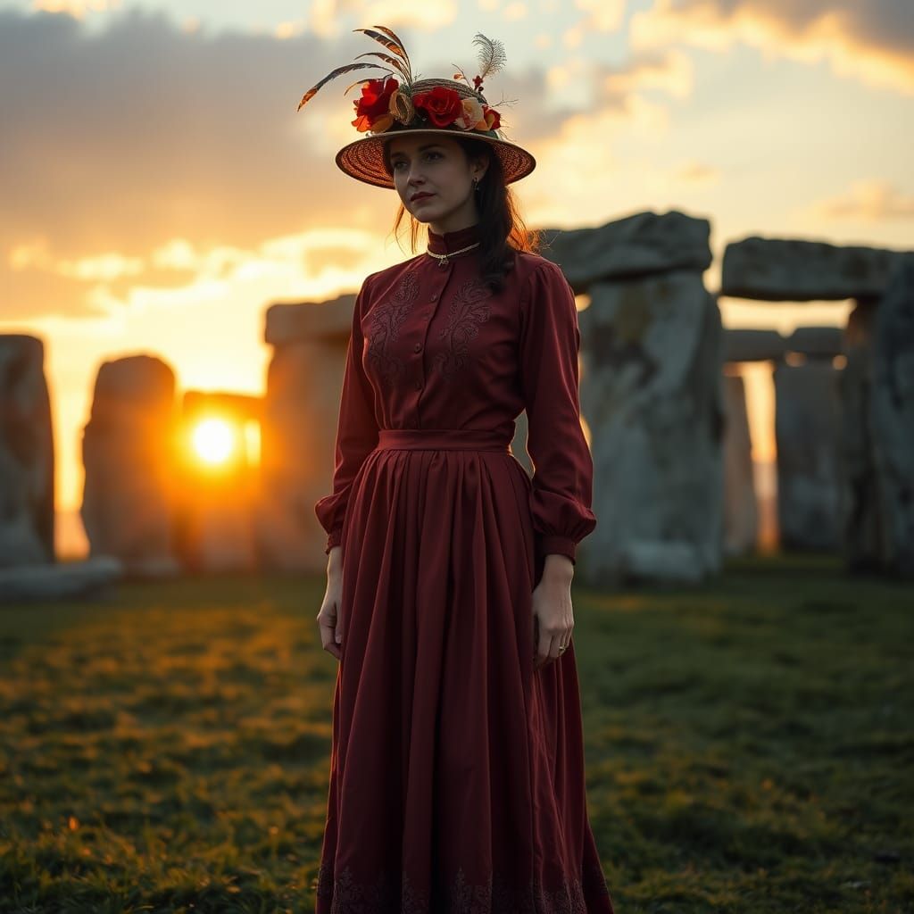 Edwardian Woman at Stonehenge in Pre-Raphaelite Style