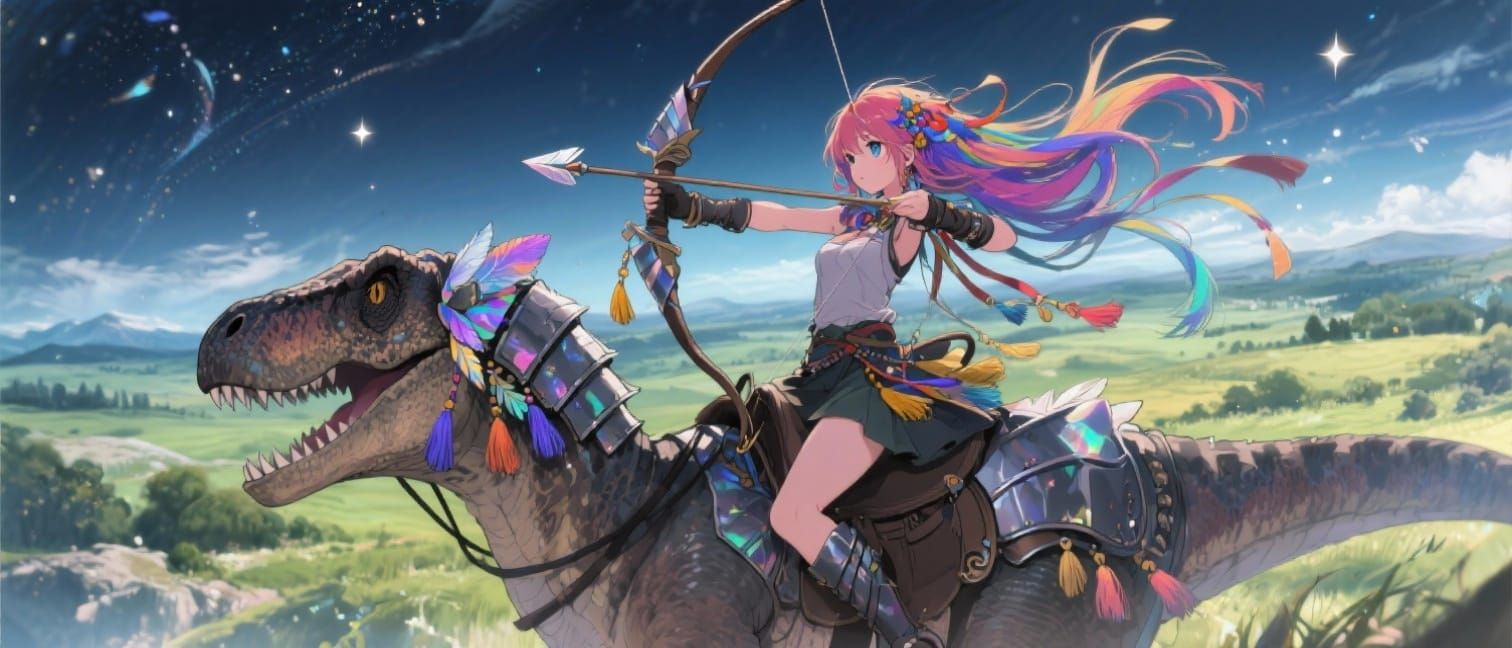 Anime Girl Aims Bow from Velociraptor in Pristine Countrysid...