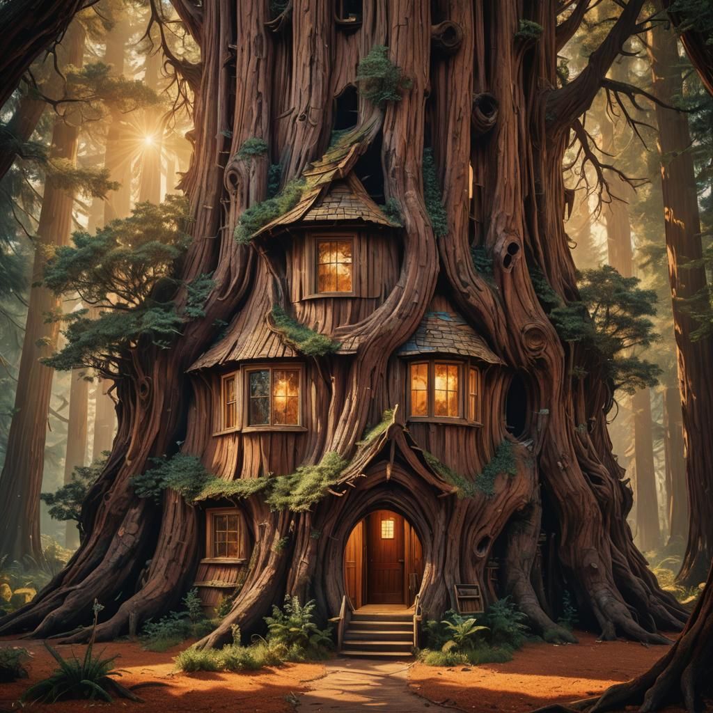 Redwood Home: Hyperrealistic Digital Art in Golden Hour