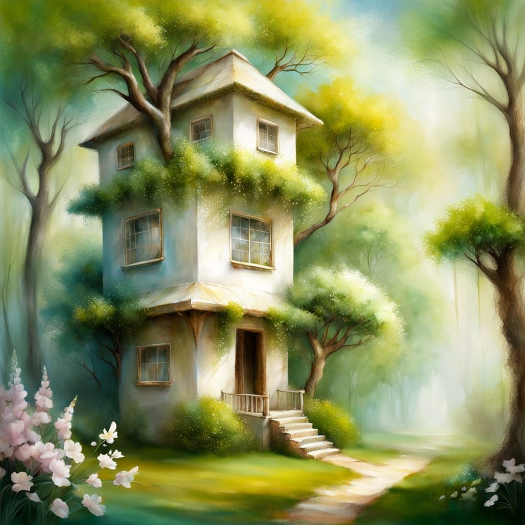 Whimsical Treehouse in a Vibrant Spring Landscape