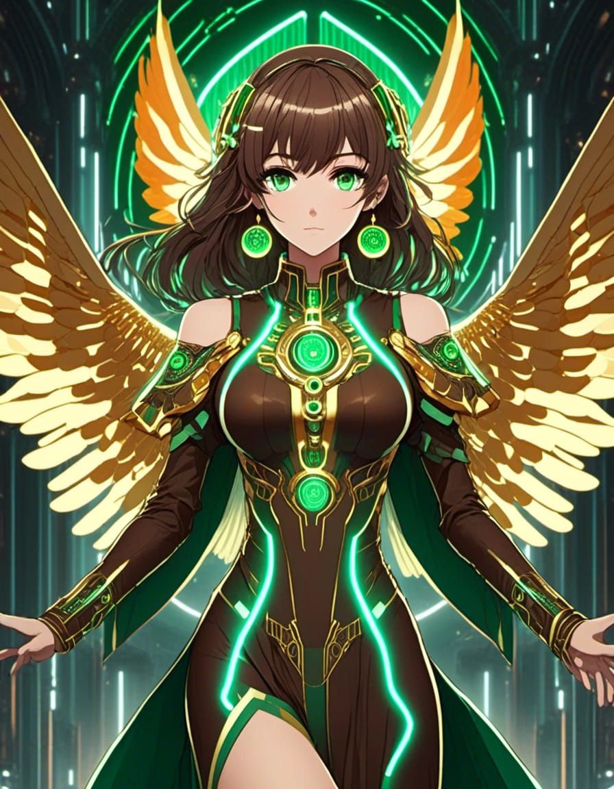 Symmetrical Anime Goddess, short brown hair, green eyes, green angel wings, Brown & Orange with green accents robe dress...