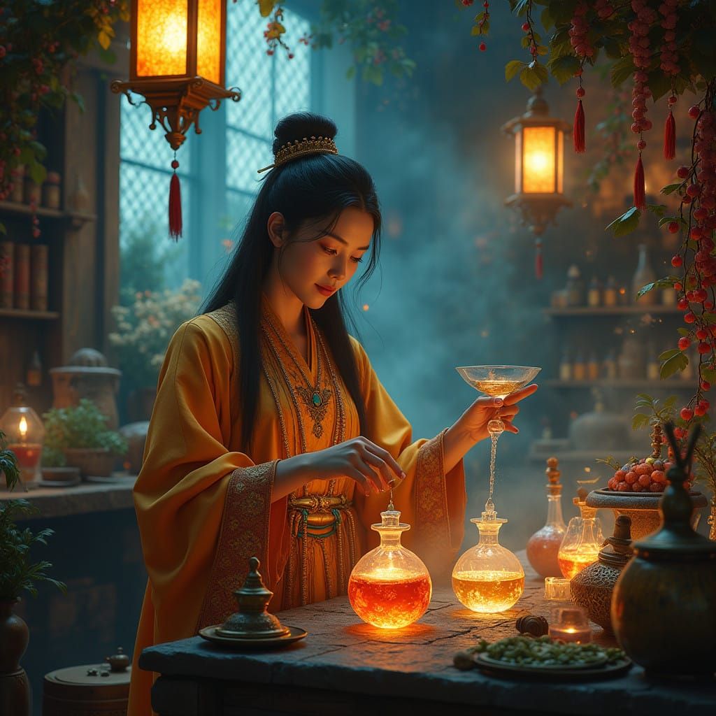 Asian Alchemist in Dreamlike Fantasy Workshop