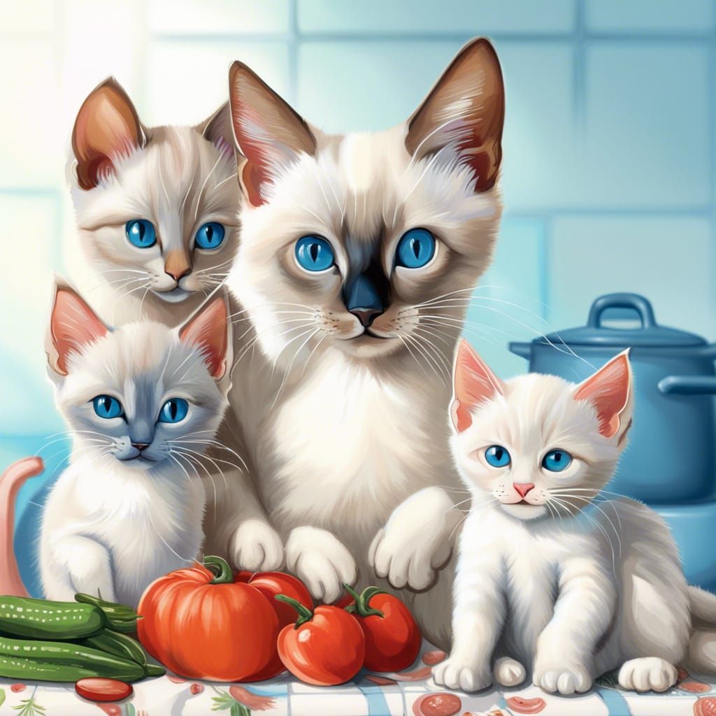 Hyperrealistic Siamese Cat Family Cooking Dinner