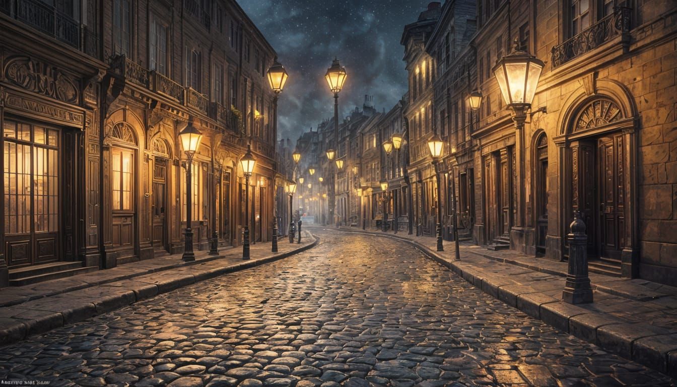 Cobblestone Street with Floating Lamps in Splash Art