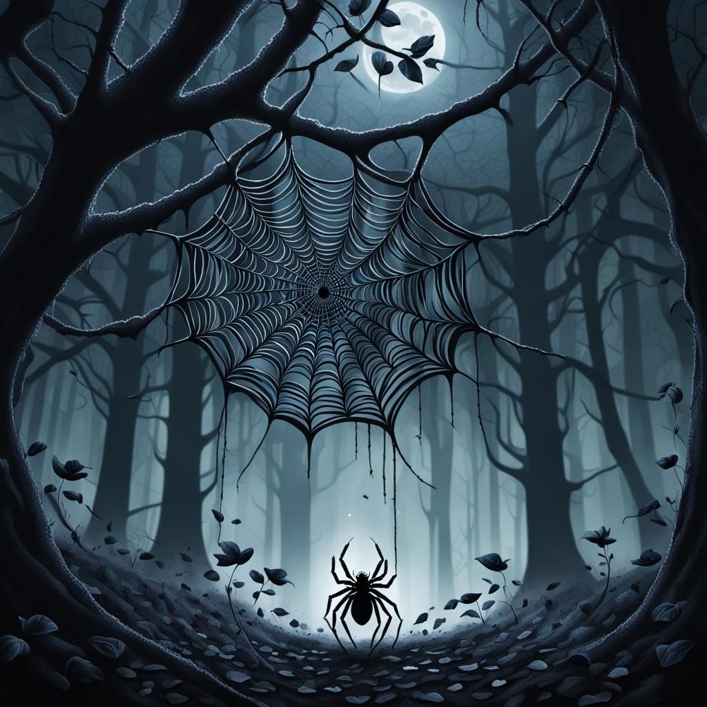 Spider Weaving Web of Black Rose Petals