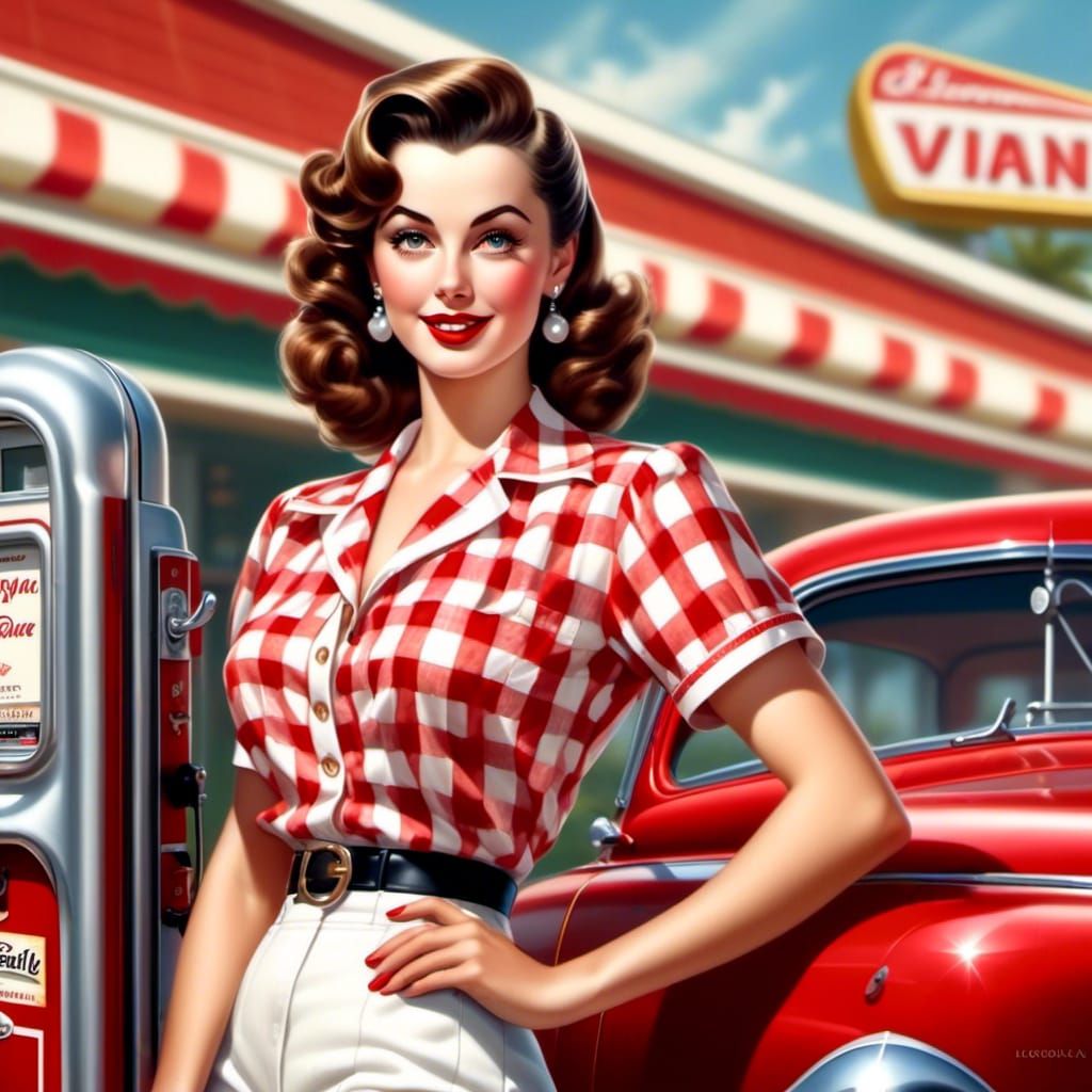 1940s Pinup Girl at Gas Station, Photorealistic Art