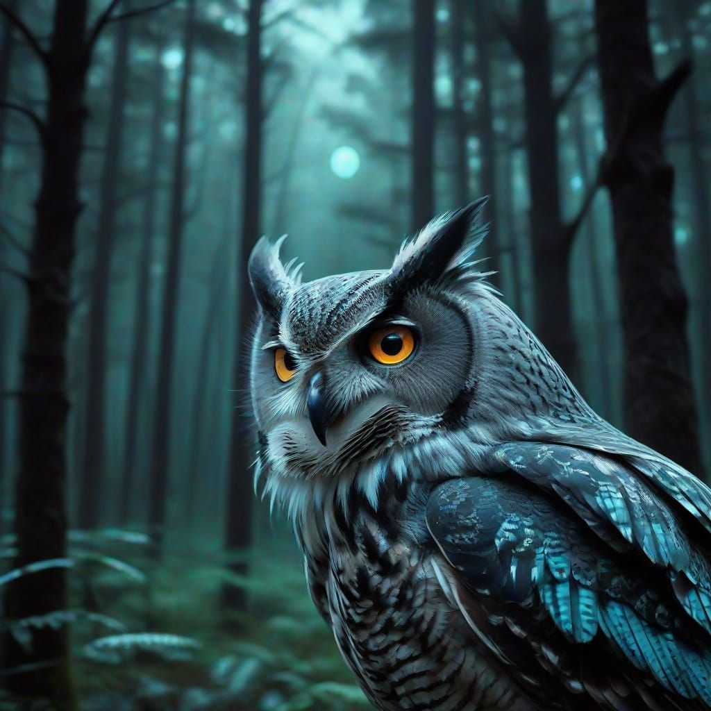 Neon Owl Hunting in Misty Forest, Digital Art