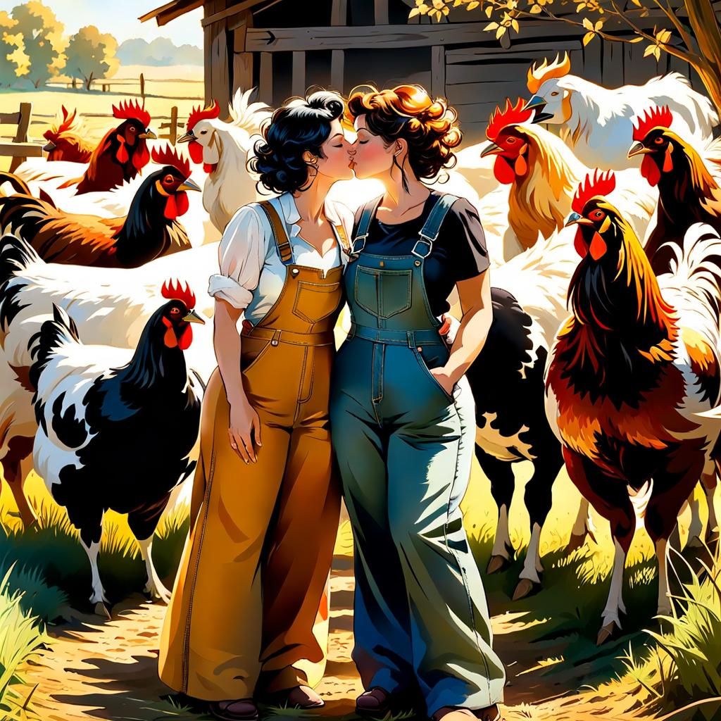 Lesbian Couple Kissing on Farm in Rococo Style